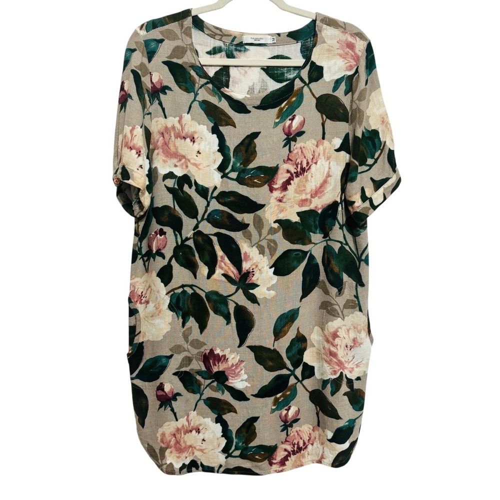 Puo Dou Dou Floral Tunic Dress Sz M Gray Green Cotton/Hemp Woven Mini